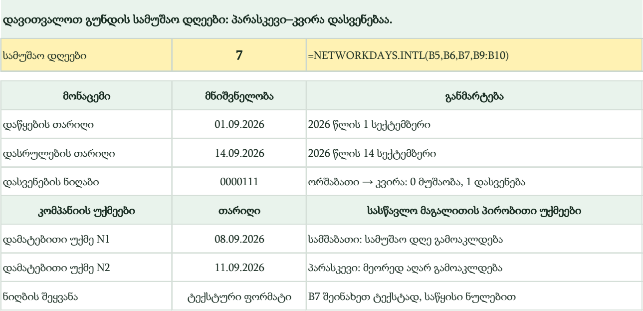 NETWORKDAYS.INTL — ტექსტური გრაფიკი 0000111, ორი დამატებითი უქმე და B2 უჯრაში 7 სამუშაო დღე
