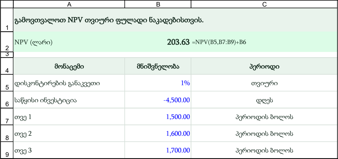 NPV ფუნქცია ექსელში — ყოველთვიური ნაკადები